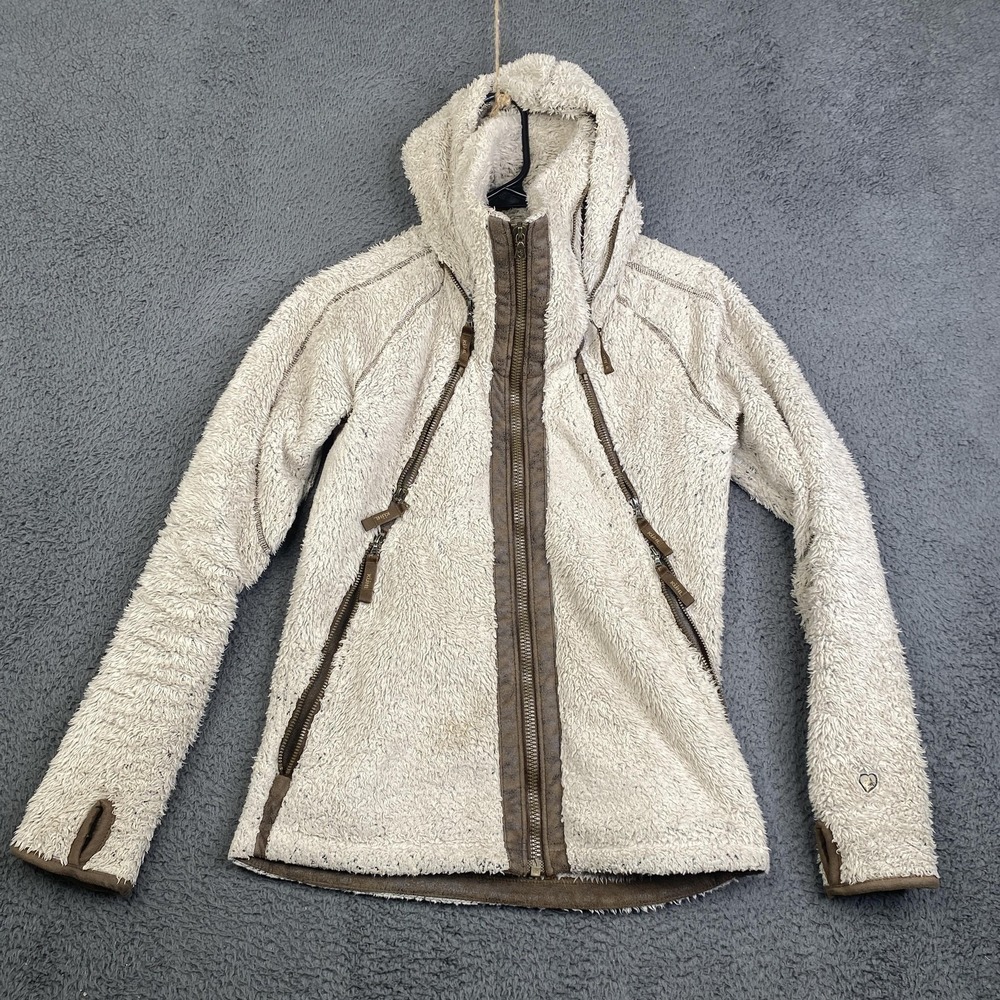 KUHL Flight Fleece Jacket Womens XS Beige Sherpa Hooded Thumbholes Full Zip
